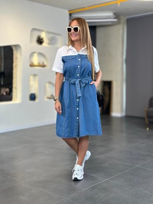 Beyaz Gömlek Detay Kuşaklı Jean Elbise