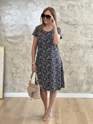 Bisiklet Yaka Çıtır Desen Kısa Kol Siyah Elbise