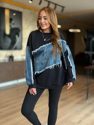 Çapraz Jean Garnili Siyah Pamuk Sweatshirt