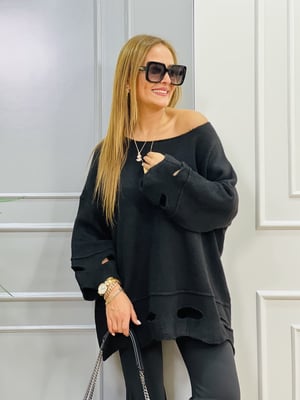 Delikli Yumoş Oversize Siyah Kazak