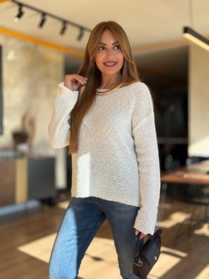 Dokulu Kayık Yaka Ekru Triko