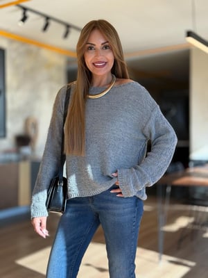 Dokulu Kayık Yaka Gri Triko