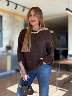 Dokulu Kayık Yaka Kahve Triko