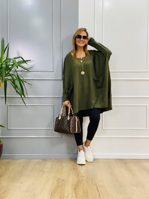 Düşük Kol Haki Oversize Triko