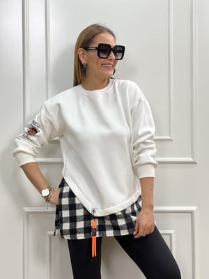 Ekose Detay Beyaz Sweatshirt