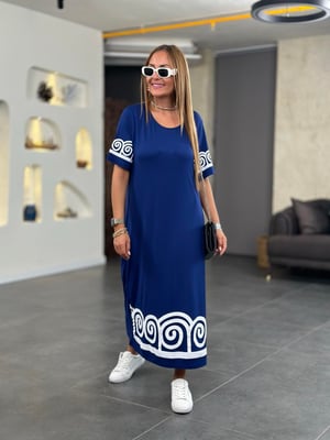 Etek Kol Beyaz Baskılı Lacivert Elbise