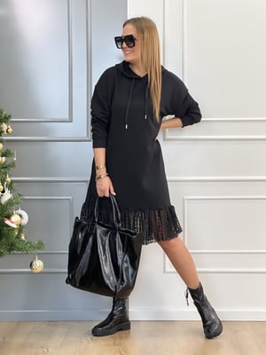 Etek Ucu Tül Detaylı Kapşonlu Sweat Elbise