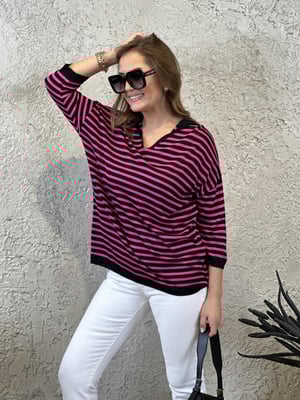 Fuşya Siyah Polo Yaka Oversize Triko