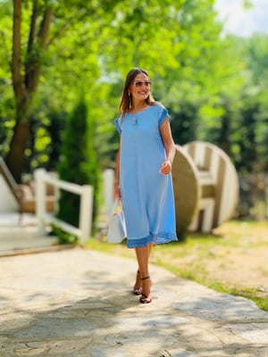 Güpür Detaylı Yıkamalı Bebe Mavi Elbise