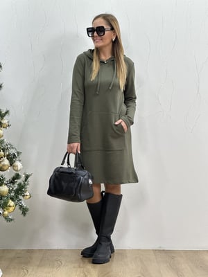 Haki Kanguru Cep Kapüşonlu Sweat Elbise