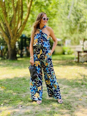 Halter Yaka Lacivert Desenli Tulum