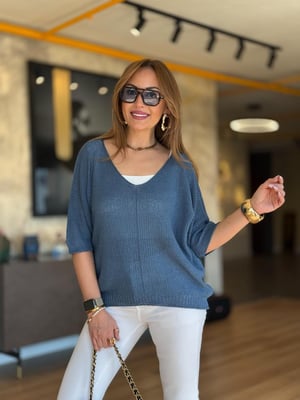 İthal V Yaka Oversize İndigo Merserize Triko