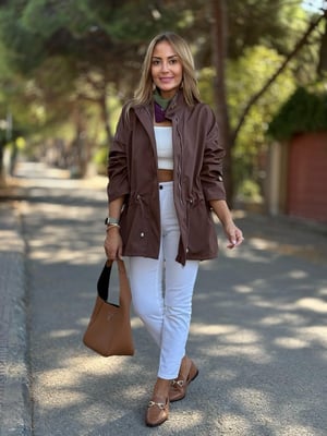 Kahve Bel Büzgülü Trenç Yağmurluk