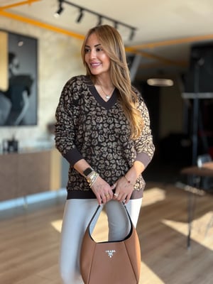Kahve Leopar Desen V Yaka Sakallı Triko
