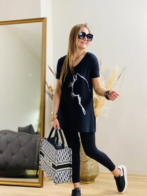 Kedi Desenli Siyah Tshirt