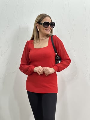 Kırmızı Tül Kol Kare Yaka Triko