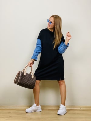 Kolları Jean Detaylı Siyah Sweat Elbise