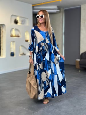 Lacivert Parça Desenli Oversize Elbise