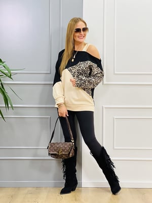 Leopar Desenli Kol Detaylı Sweat