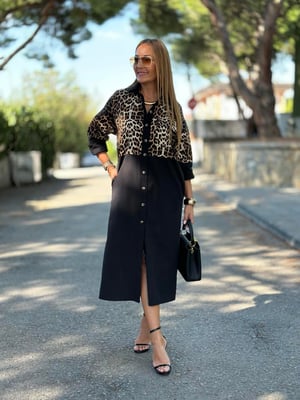 Leopar Detaylı Siyah Gömlek Elbise