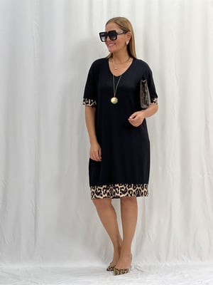 Leopar Detaylı Siyah Salaş Elbise