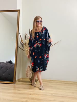 Mandala Yaprak Siyah Turuncu Oversize Elbise