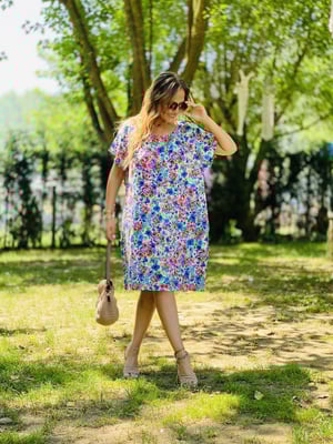 Mavi Çiçekli Keten Oversize Elbise