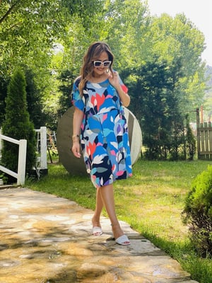 Mavi Karışık Desen Oversize Elbise