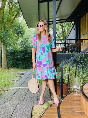 Mint Pembe Desen Volanlı Elbise