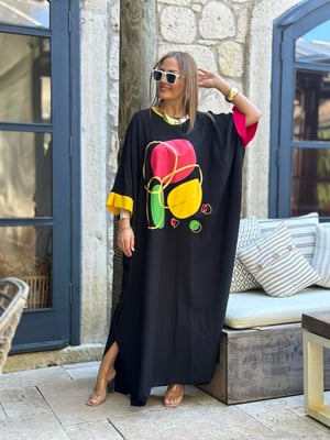 Ön Renkli Baskılı Siyah Oversize Salaş Elbise