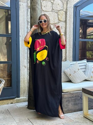 Ön Renkli Baskılı Siyah Oversize Salaş Elbise