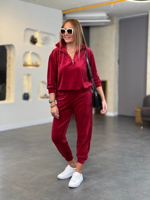 Orijinal Yarım Fermuarlı Bordo Kadife İkili Takım