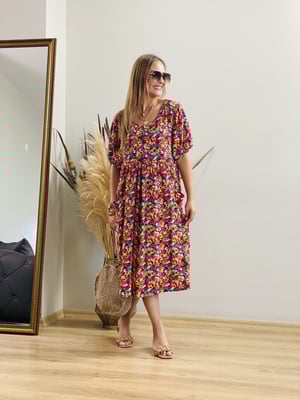 Oversize Çiçek Desenli Midi Boy Elbise