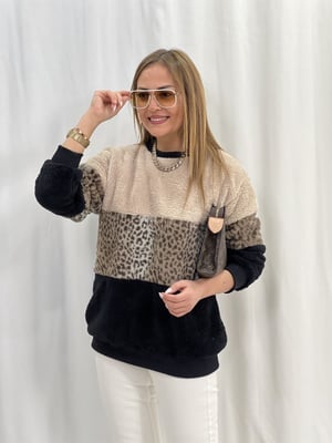 Peluş Leopar Detay Bej Sweatshirt