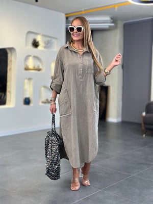 Polo Yaka Düğmeli Oversize Vizon Müslin Elbise