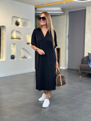 Polo Yaka Oversize Siyah Modal Elbise