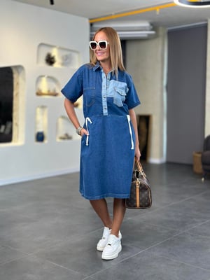 Polo Yaka Yarım Patlı Bel Büzgülü Jean Elbise