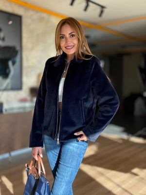 Premium Yakalı Fermuar Detay Lacivert Kürk Ceket