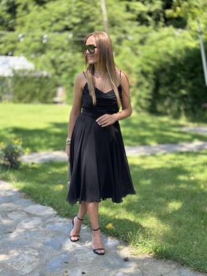 Siyah İp Askılı Degaje Astarlı Elbise