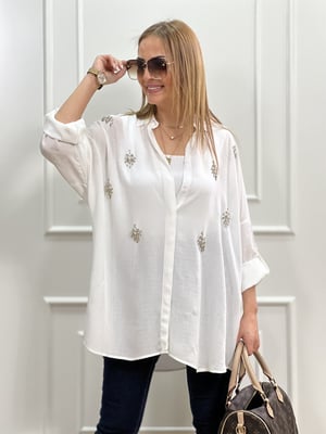 Taş İşlemeli Beyaz Oversize Gömlek