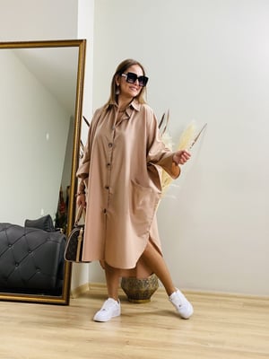 Taş Rengi Oversize Gömlek Elbise