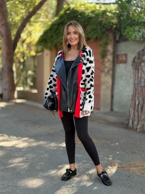 Tasarım Deri Detaylı Kırmızı Şeritli Leopar Ceket
