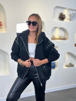 Tasarım Taşlı Kapüşonlu Siyah Sweatshirt