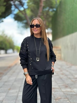 Taşlı Siyah Sweatshirt