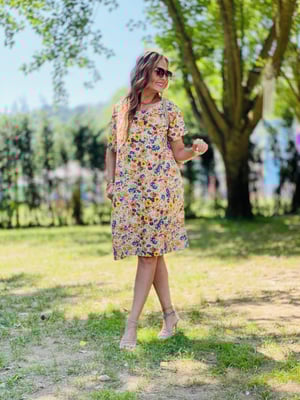 Turuncu Çiçekli Keten Oversize Elbise