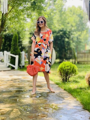Turuncu Karışık Desen Oversize Elbise