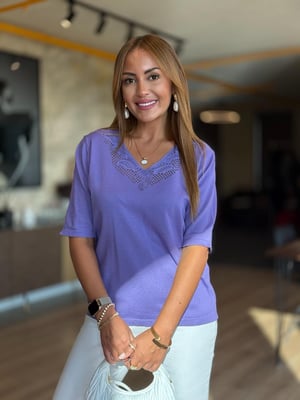 V Yaka Ajurlu Mor Triko