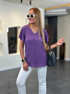 V Yaka Ön Düğmeli Kol Volanlı Mor Bluz