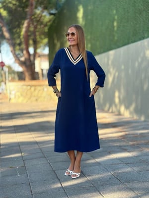 V Yaka Ribanalı Truvakar Kol Lacivert Elbise