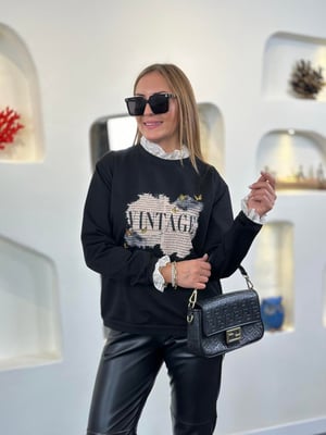 Vintage Dantel Detay Siyah Sweatshirt
